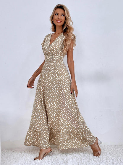 Summer V-Neck Wrap Waist Maxi Dress with Flutter Sleeves-black-S-Free Shipping Leatheretro
