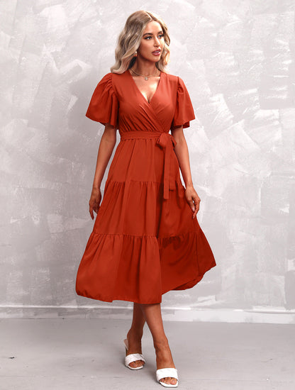Women's Summer Solid Color V-Neck Short Sleeve Dress
