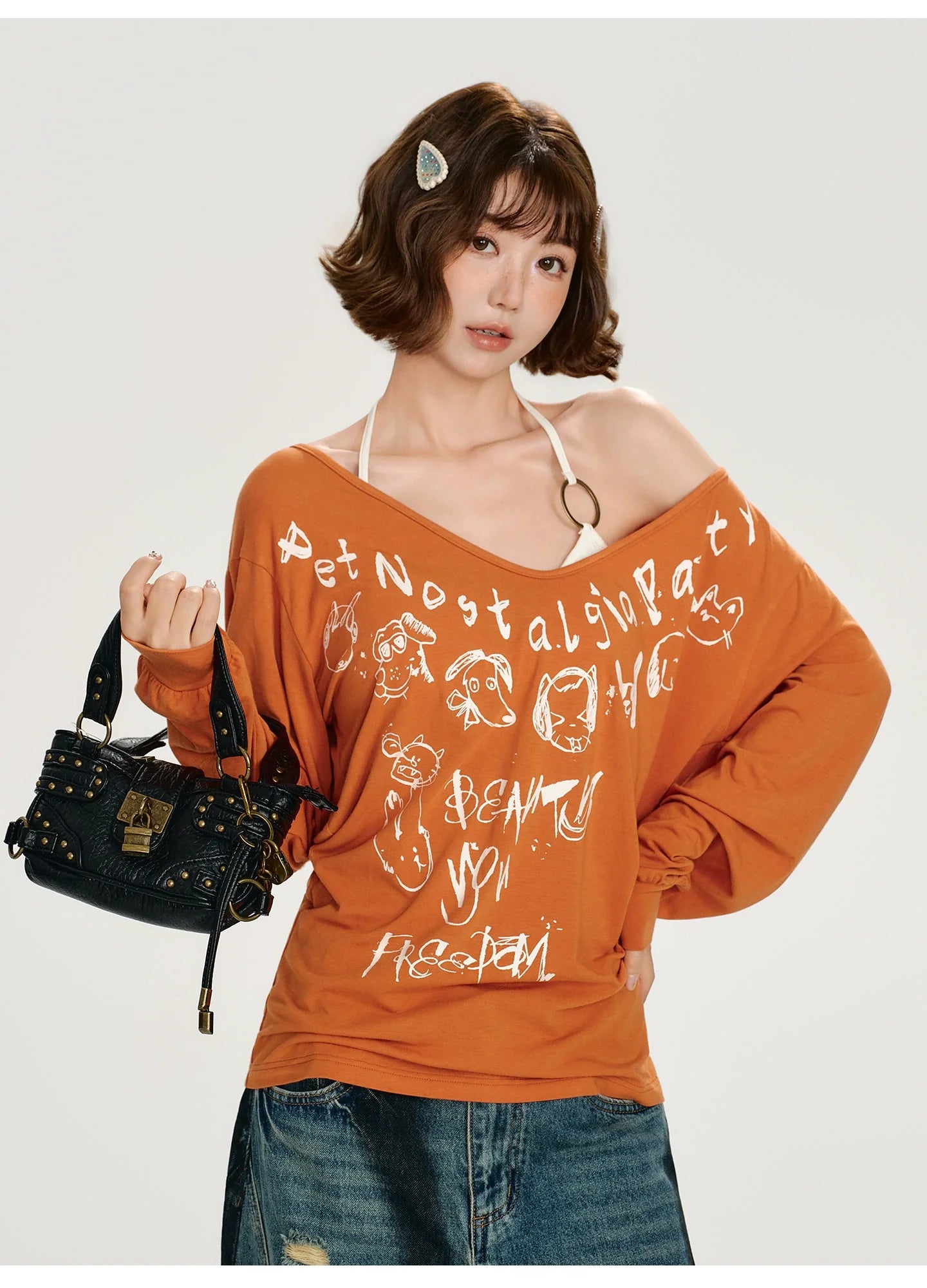 Girlyhalo Retro Babe Print Off-Shoulder Long Sleeve T-Shirt