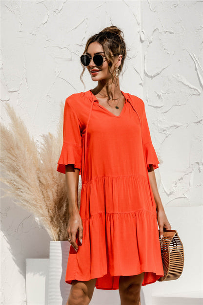 Women's V-Neck Flared Sleeve Tiered Contrast Panel Dress