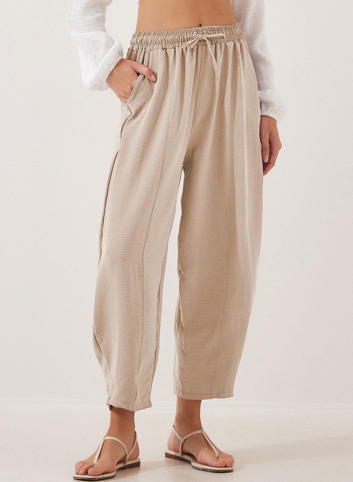 Women's Summer High-Waisted Loose Vacation Drawstring Casual Cropped Pants with Side Pockets