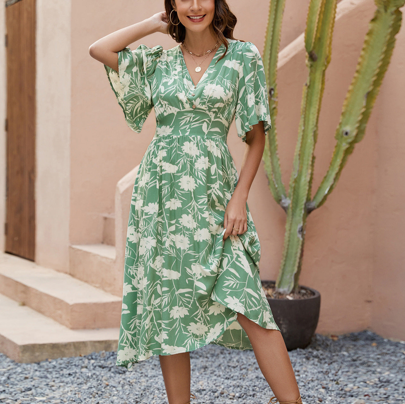 Women's Summer V-Neck Floral Print Rayon Dress