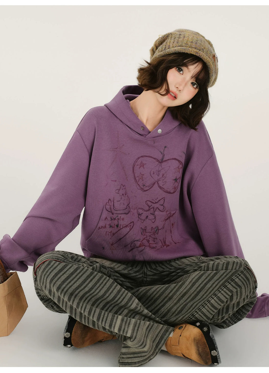 Girlyhalo Retro Print Distressed Hooded Long-Sleeve Sweatshirt