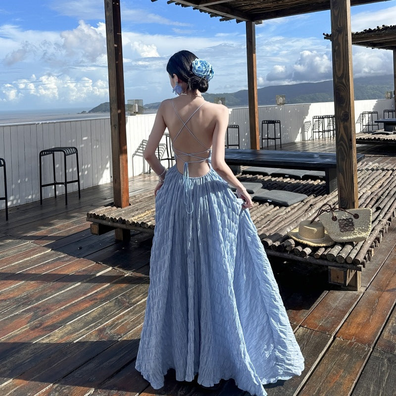 Summer Waves Blue Backless Maxi Dress