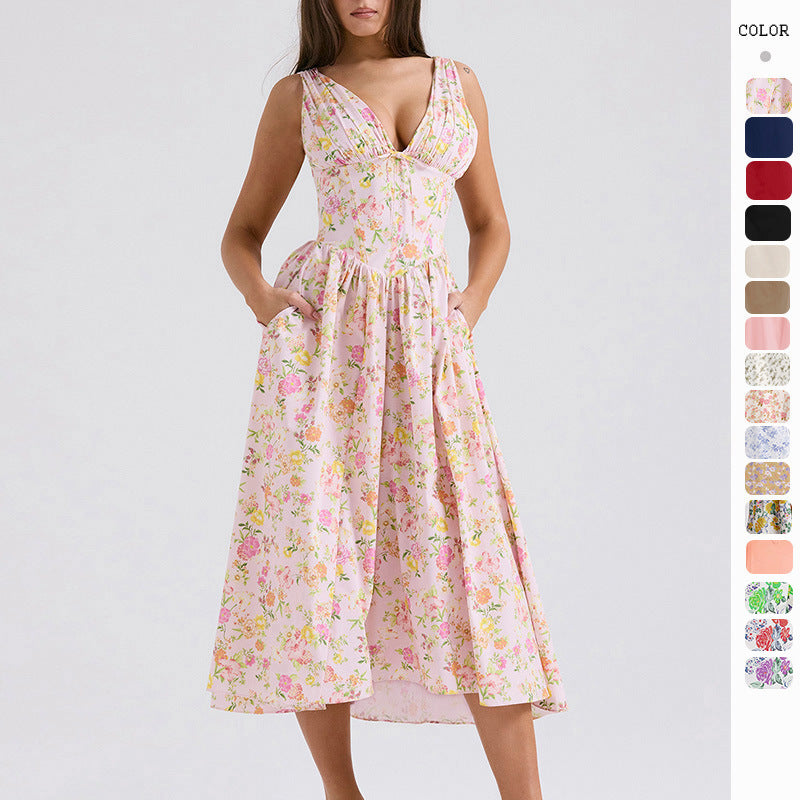 Elegant V-Neck Print Maxi Dress