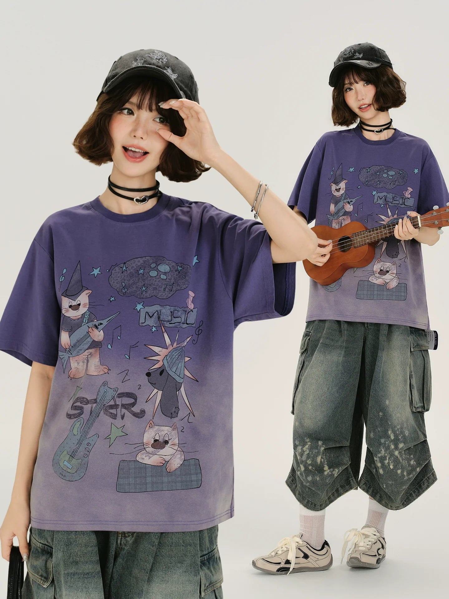 Girlyhalo Vintage Washed Purple Gradient Short Sleeve T-Shirt