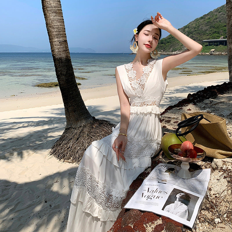 White Lace Cutout Dress -  Boho Summer Sundress for Vacations