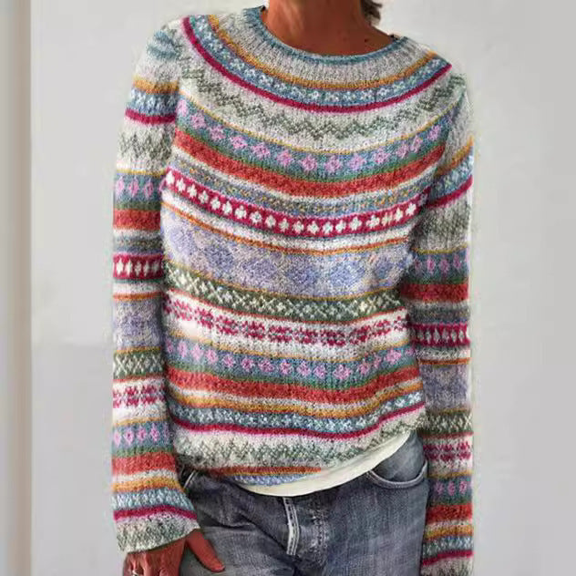Women's Loose Knit Sweater - Color Block Round Neck Pullover
