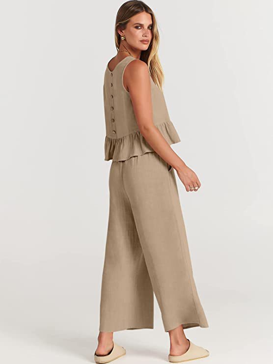 Women's Summer Sleeveless Pleated Vest & Wide-Leg Cropped Pants Casual Set