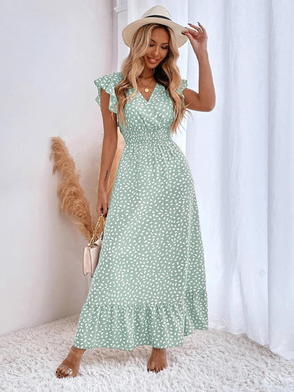 Summer V-Neck Wrap Waist Maxi Dress with Flutter Sleeves-Light green-S-Free Shipping Leatheretro