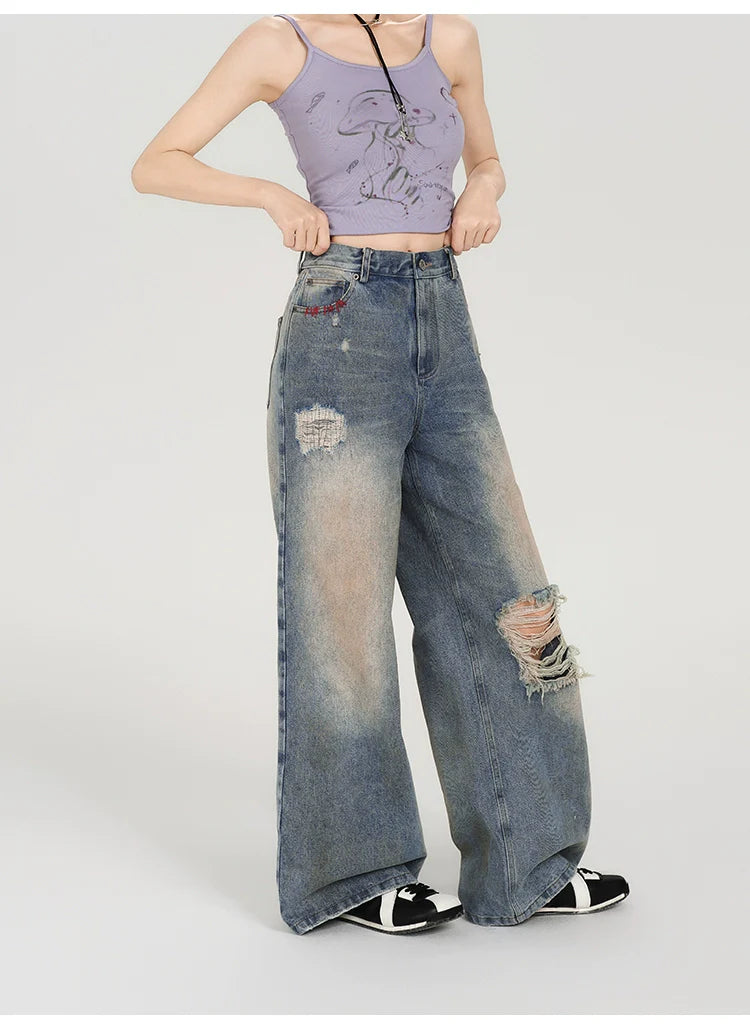 Girlyhalo Women's Retro Washed Distressed Straight-Leg Jeans-S-Blue-Free Shipping Leatheretro