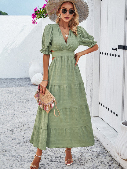 Casual V Neck Short Sleeves Long Dresses