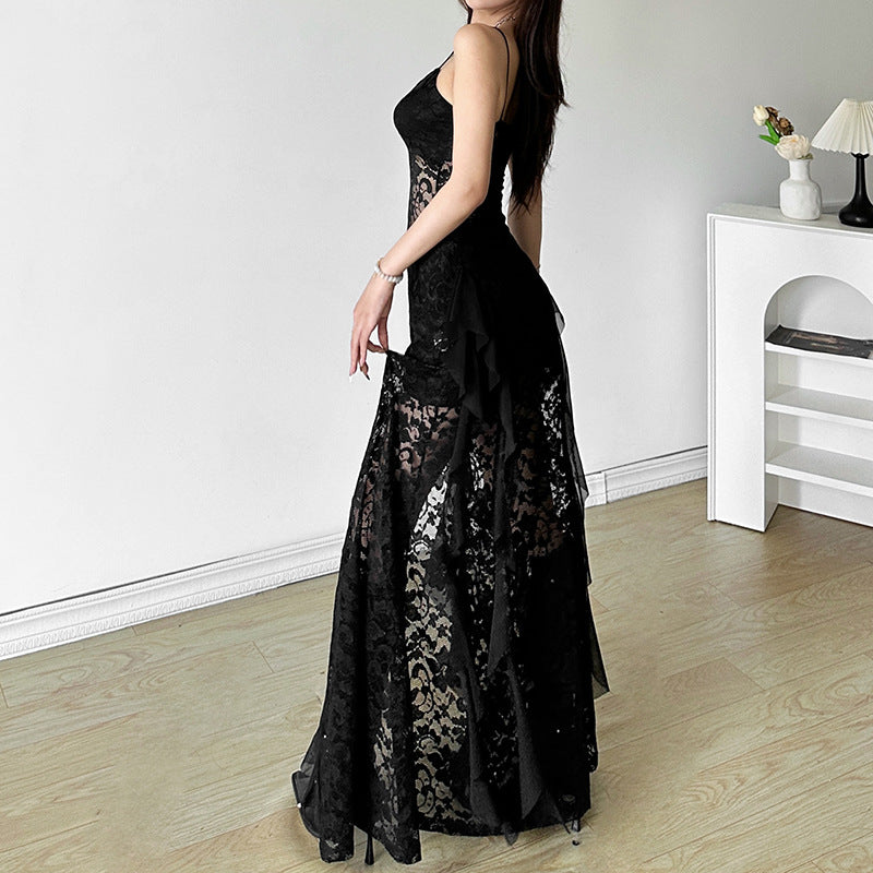 Summer Black Slim Fit High Waist V-Neck Mesh Slip Dress