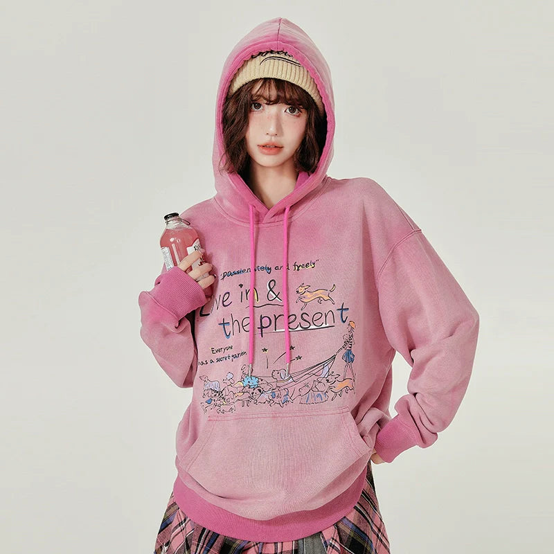 Girlyhalo Retro Hooded Sweatshirt-Pink without Velvet-S-Free Shipping Leatheretro