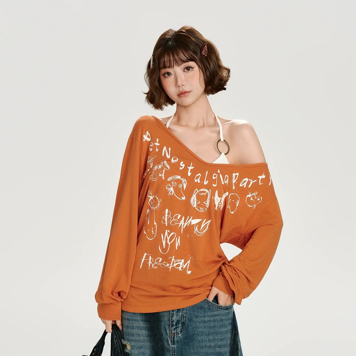 Girlyhalo Retro Babe Print Off-Shoulder Long Sleeve T-Shirt