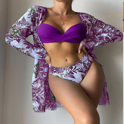 Women's 3-Piece Mesh Long Sleeve Cover-Up – Beach Bikini Set