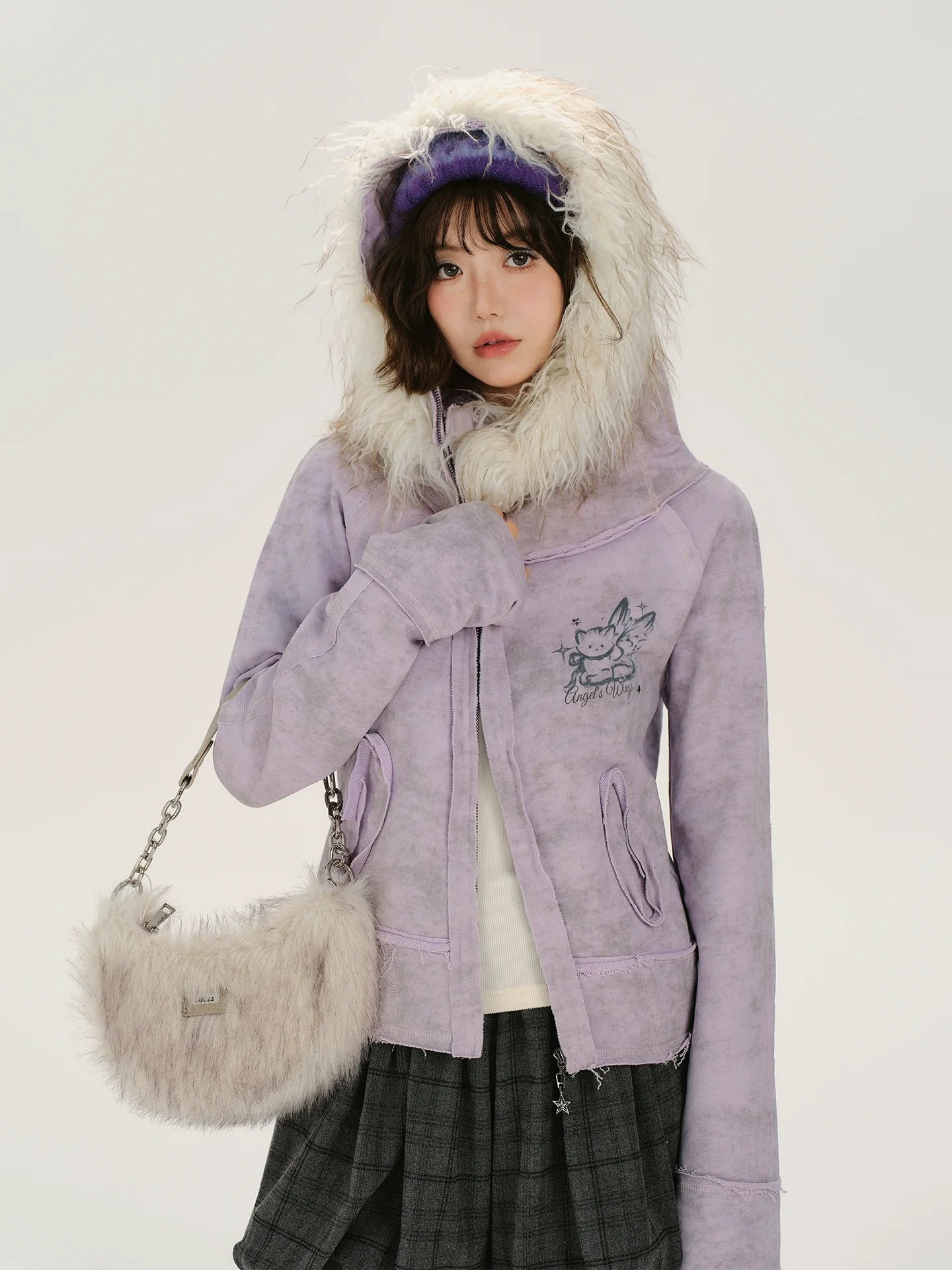 Girlyhalo Retro Tie-Dye Print Asymmetrical Design Women's Fall Coat with Fur Collar