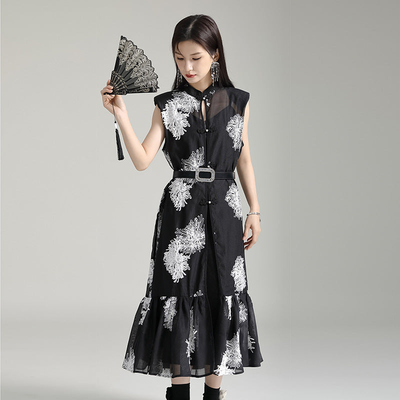 Vintage Embroidery Sleeveless Long Black Dresses with Belt-Dresses-Cardigan+Dress+Belt-One Size-Free Shipping at meselling99