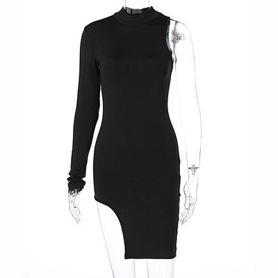 Sexy High Neck One Shoulder Mini Dresses-Dresses-Black-S-Free Shipping at meselling99
