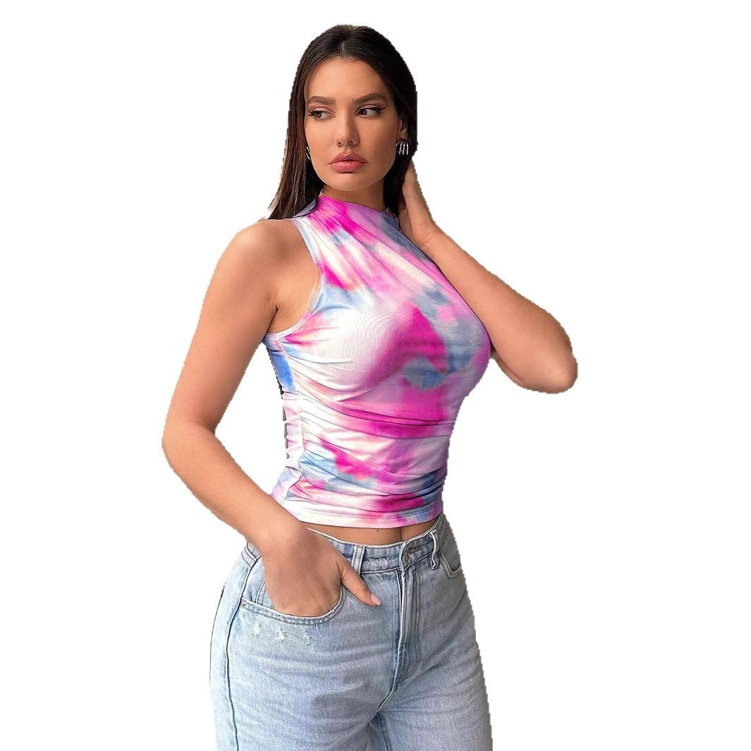 Women's Street Style Printed Mesh Vest – Trendy See-Through Sleeveless Top