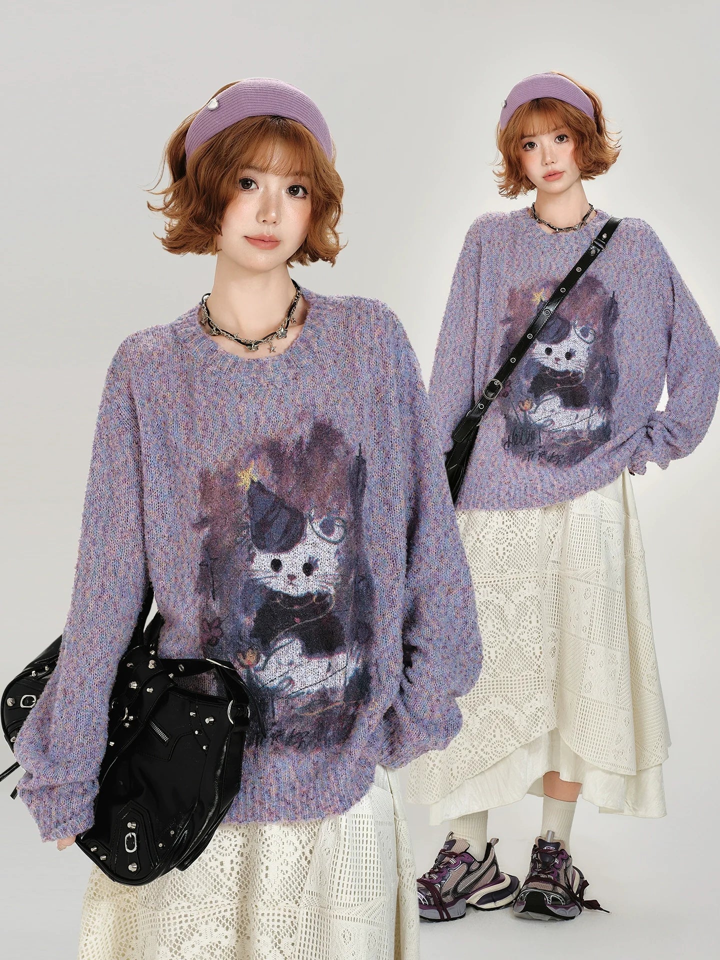 Girlyhalo Women's Loose Fit Retro Print Sweater - Crewneck Fall Pullover-Purple-S-Free Shipping Leatheretro