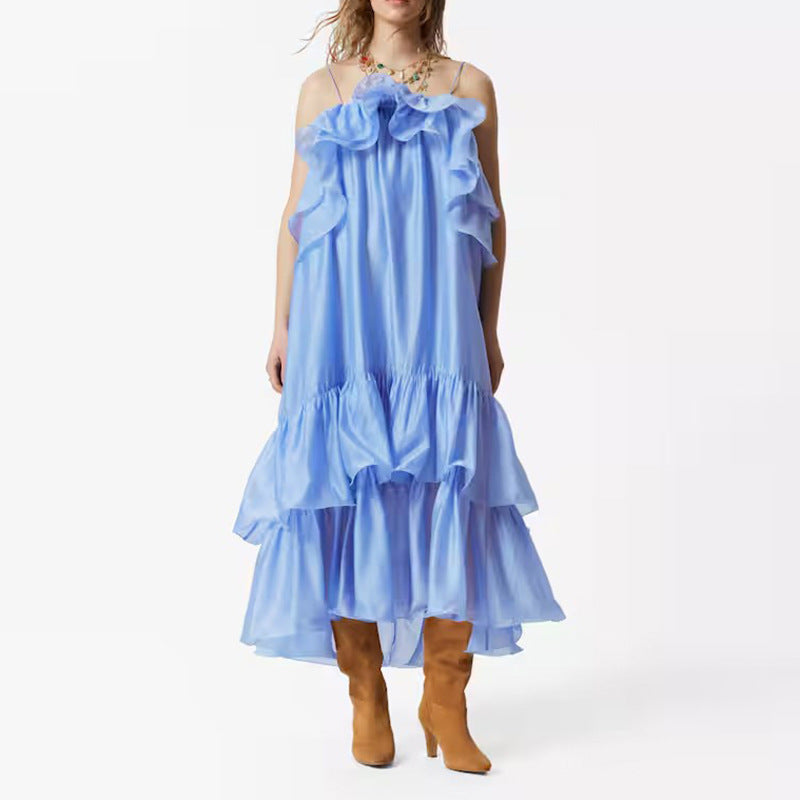 Women's Summer Dress – Fashionable Sleeveless Off-Shoulder Ruffle Hem Flowy Dress