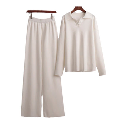 Fashion Winter Polo Neck Knitted Tops & Wide Legs Pants