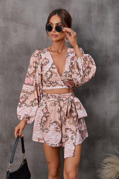 Floral Print V-Neck Long Sleeve Shorts Jumpsuit