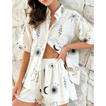 Women's 2-Piece Set – Lapel Short Sleeve Shirt & Shorts Outfit