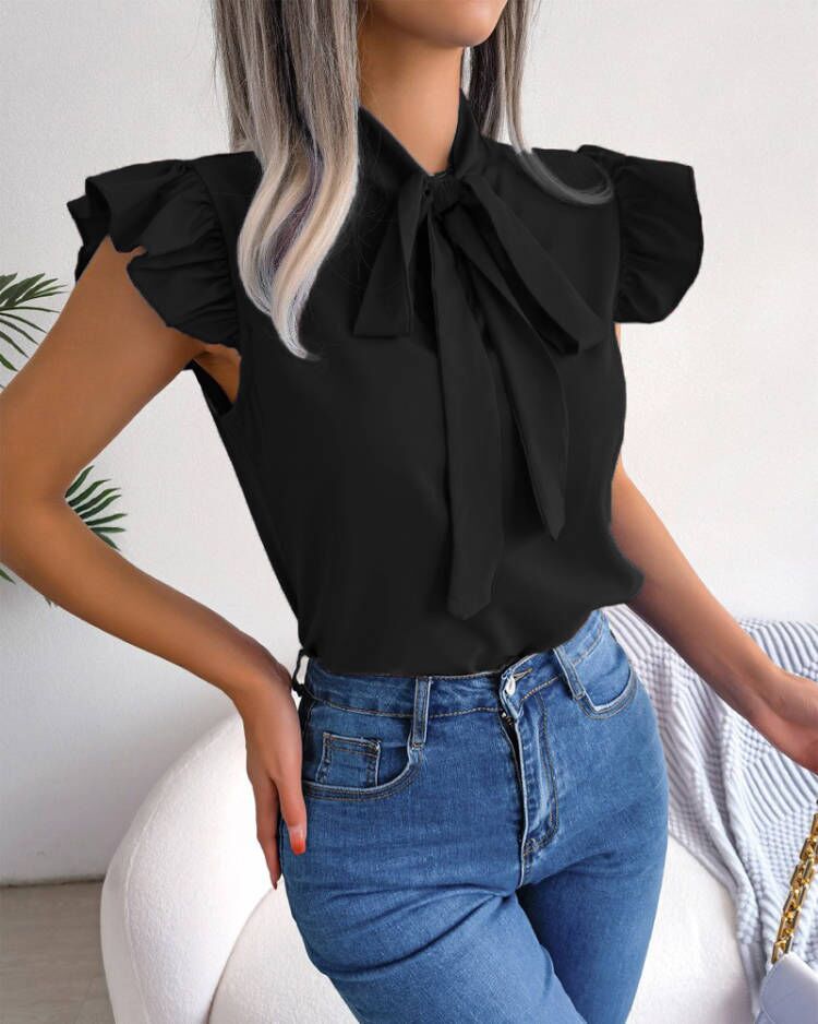 Solid Color Ruffled Tie-Bow Blouse – Elegant Women’s Shirt