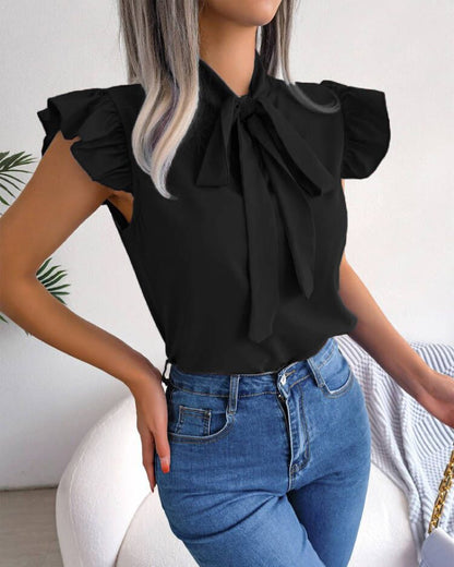 Solid Color Ruffled Tie-Bow Blouse – Elegant Women’s Shirt