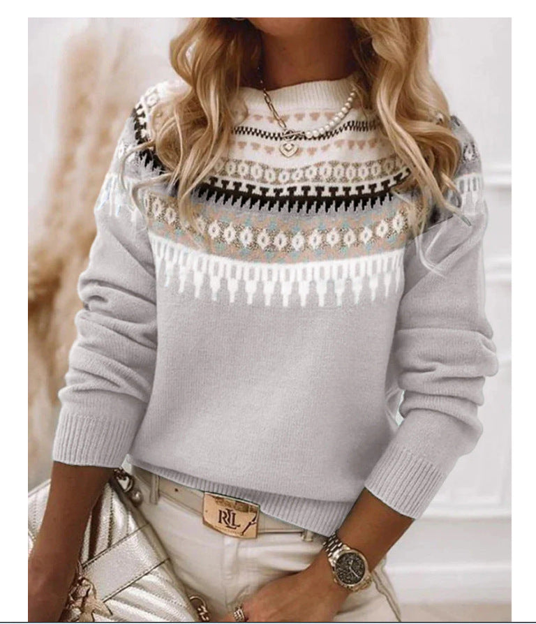 Women's Loose Knit Sweater - Color Block Round Neck Pullover