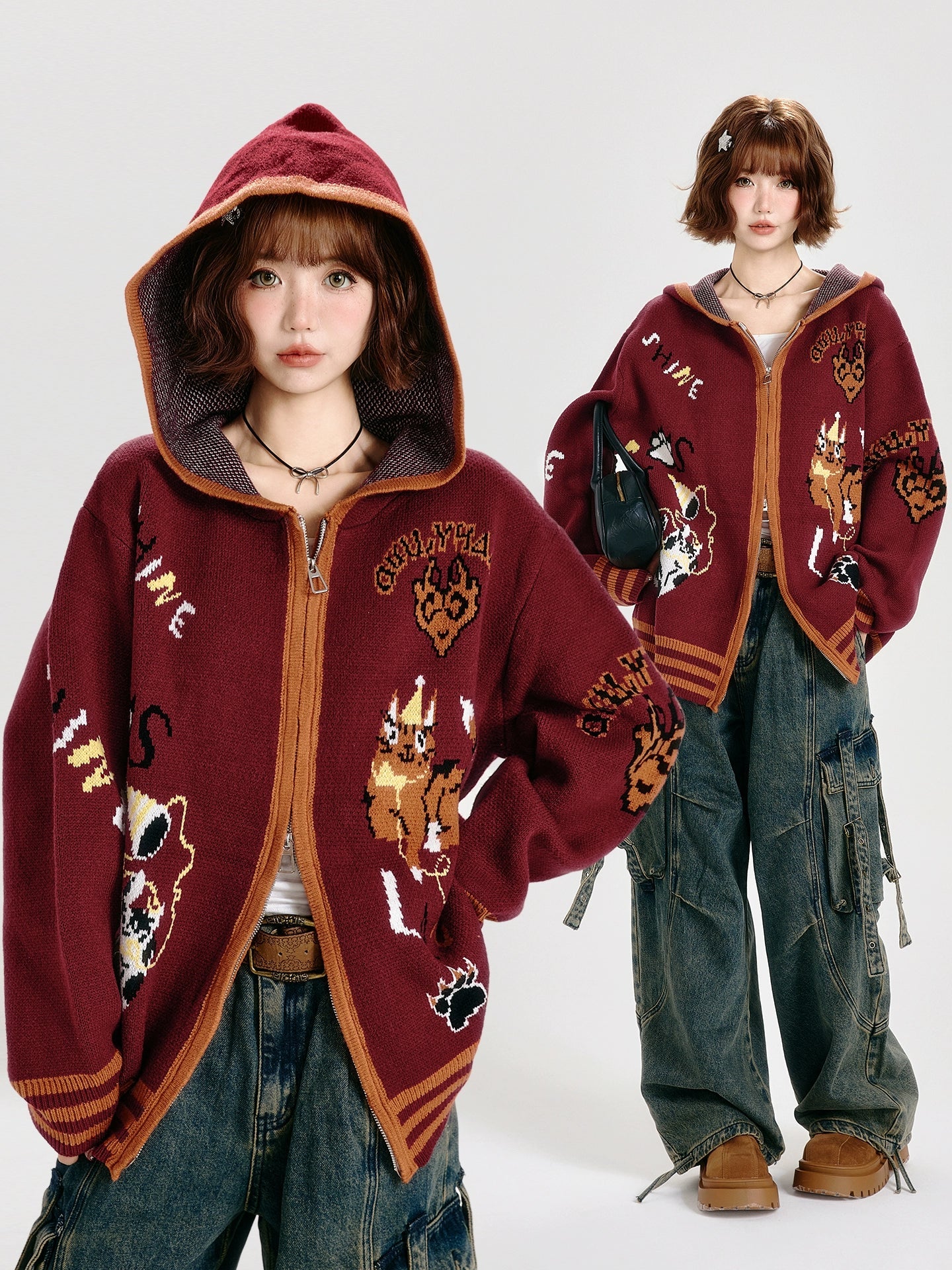 Girlyhalo Oversized Hooded Cardigan-Red-S-Free Shipping Leatheretro