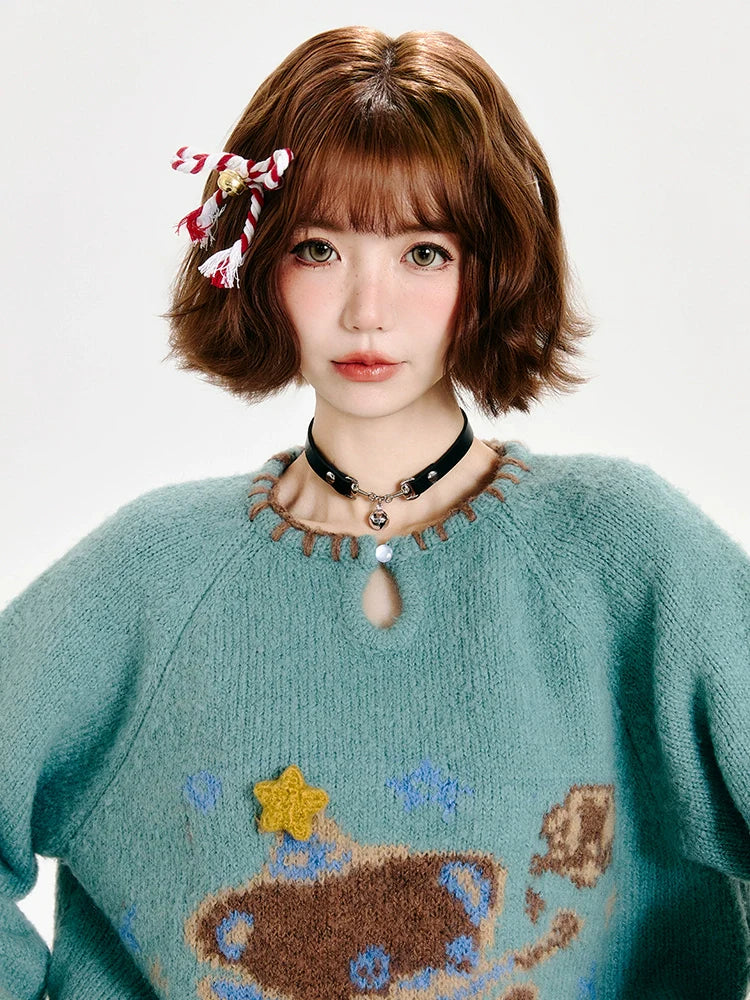 Girlyhalo Cozy Retro Bear Knit Sweater Women