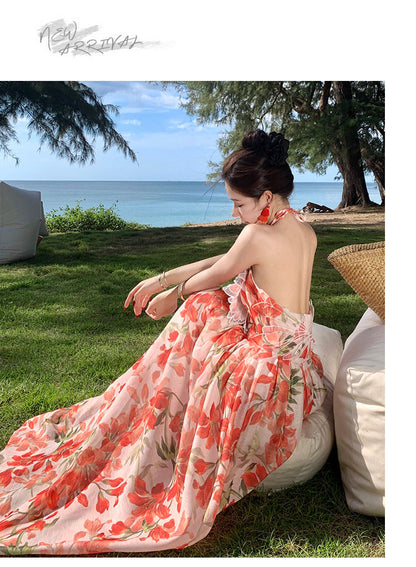 Lily Flower Winged Halter Backless Maxi Dress – Elegant Summer Vacation Gown