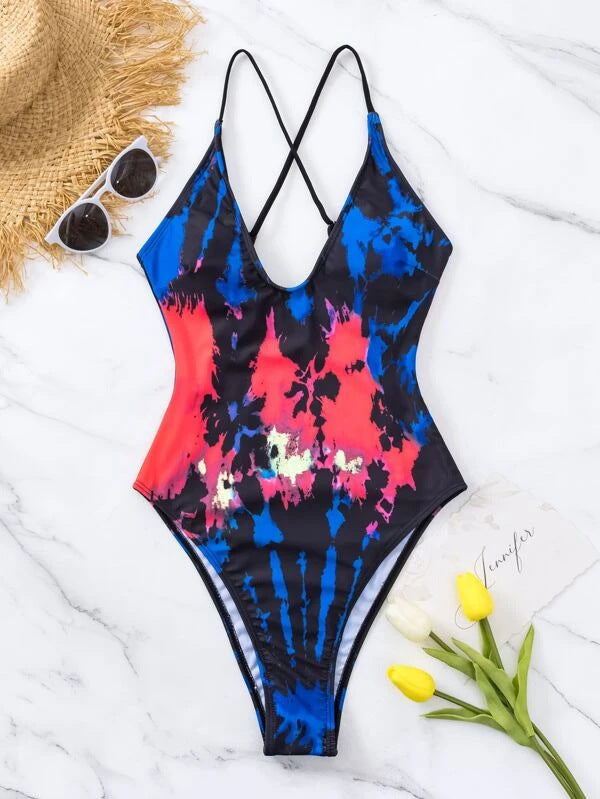 Ombre Tie-Dye Print One-Piece Swimsuit Sexy Bikini for Women