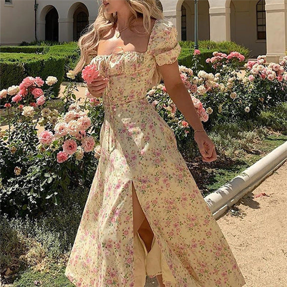 Floral Print French Style Backless Slim Fit Slit Dress