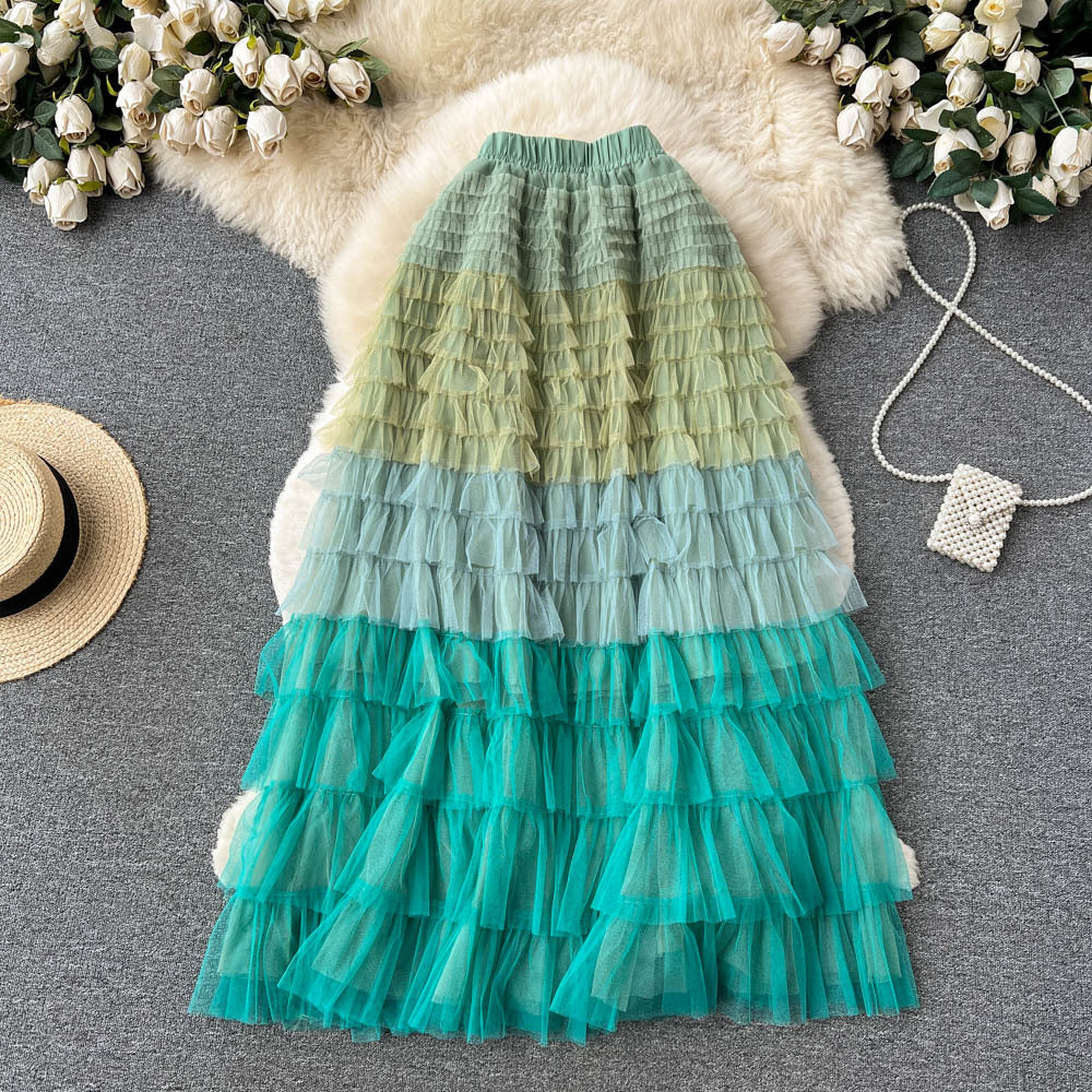 Women's Mid-Length Gradient Mesh A-Line Cake Skirt