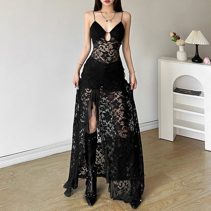 Summer Black Slim Fit High Waist V-Neck Mesh Slip Dress