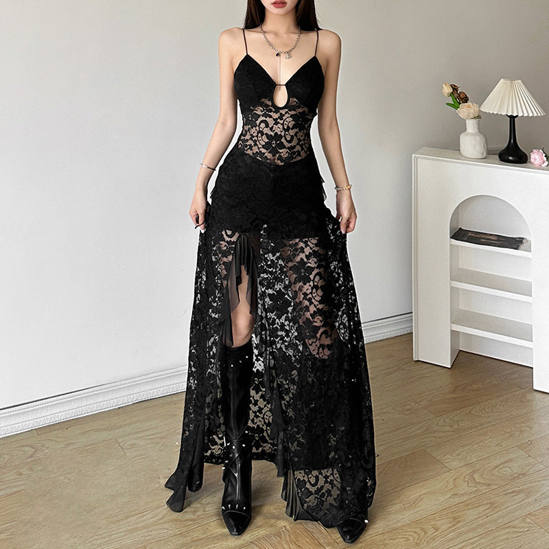 Summer Black Slim Fit High Waist V-Neck Mesh Slip Dress