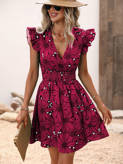 Women's Summer V-Neck Waist-Cinching Sexy Floral Ruffle Sleeveless Dress