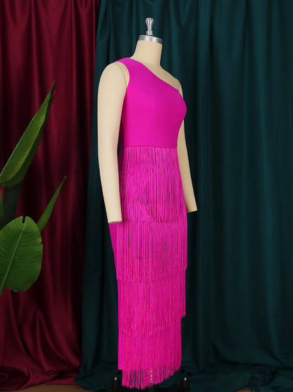 Sexy Summer Rose Red One Shoulder Tassels Party Dresses-Dresses-Free Shipping at meselling99