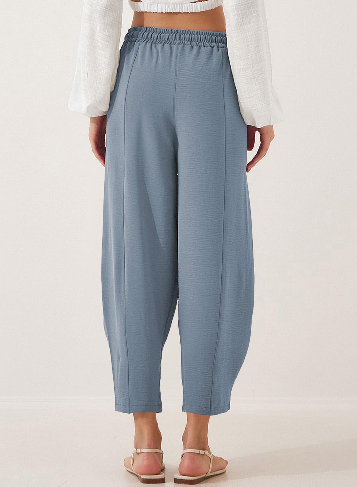 Women's Summer High-Waisted Loose Vacation Drawstring Casual Cropped Pants with Side Pockets