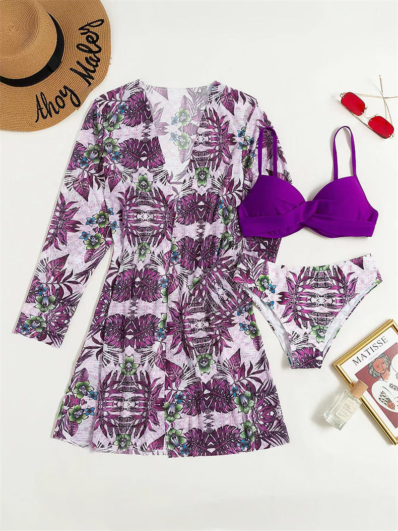 Women's 3-Piece Mesh Long Sleeve Cover-Up – Beach Bikini Set