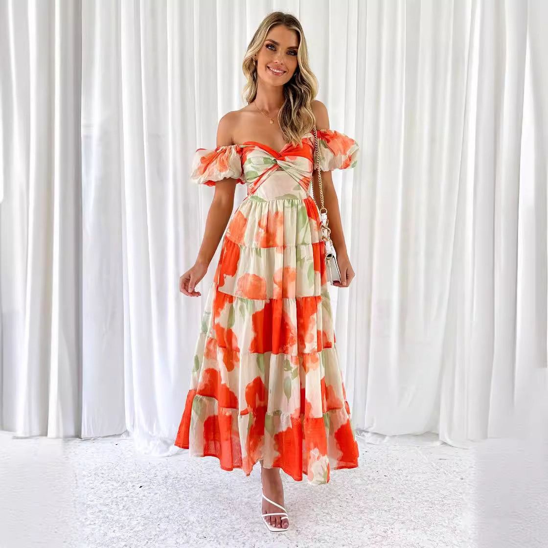 Elegant Floral Print Puff Sleeve Dress