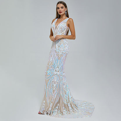 Sexy V Neck Sequined Sleeveless Evening Dresses