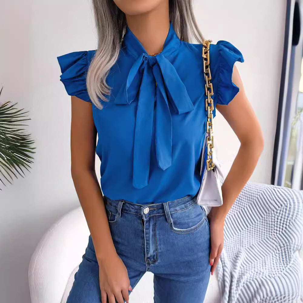 Solid Color Ruffled Tie-Bow Blouse – Elegant Women’s Shirt