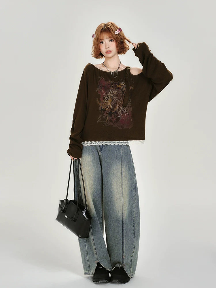 Girlyhalo Vintage Off-Shoulder Long Sleeve Top-As Photo-S-Free Shipping Leatheretro