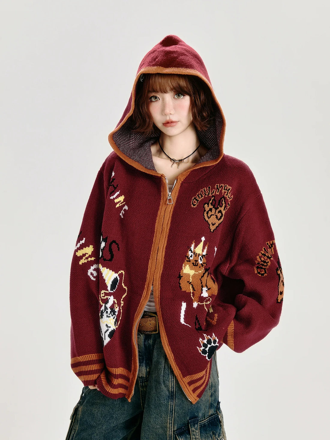 Girlyhalo Oversized Hooded Cardigan-Red-S-Free Shipping Leatheretro