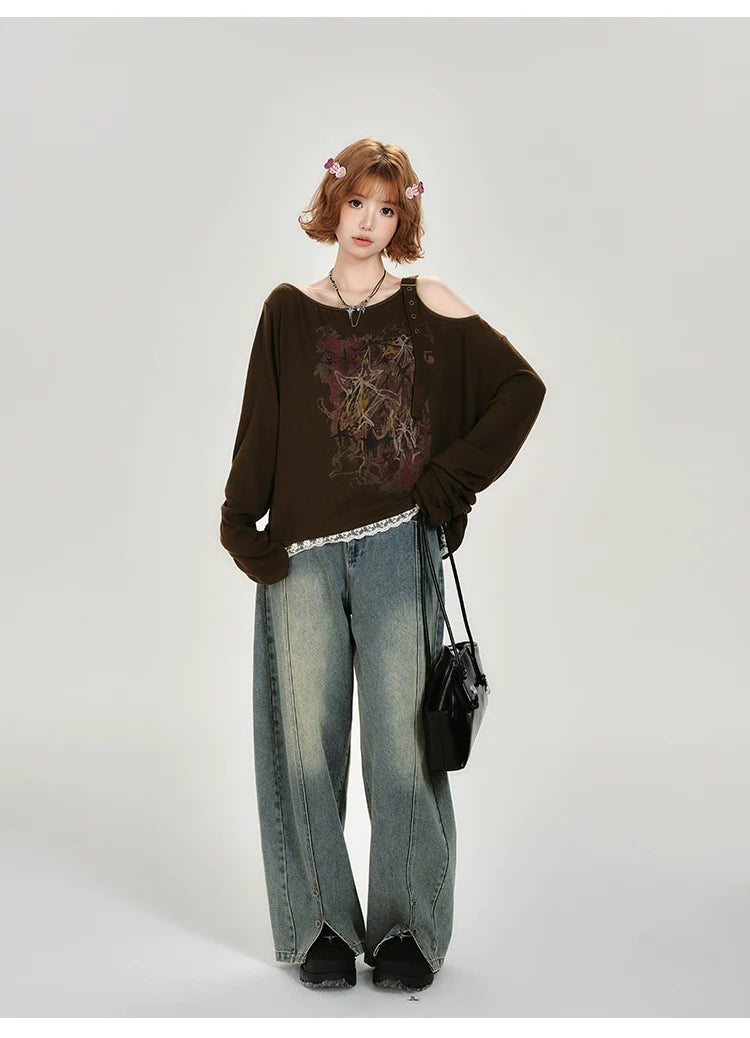 Girlyhalo Vintage Off-Shoulder Long Sleeve Top-As Photo-S-Free Shipping Leatheretro